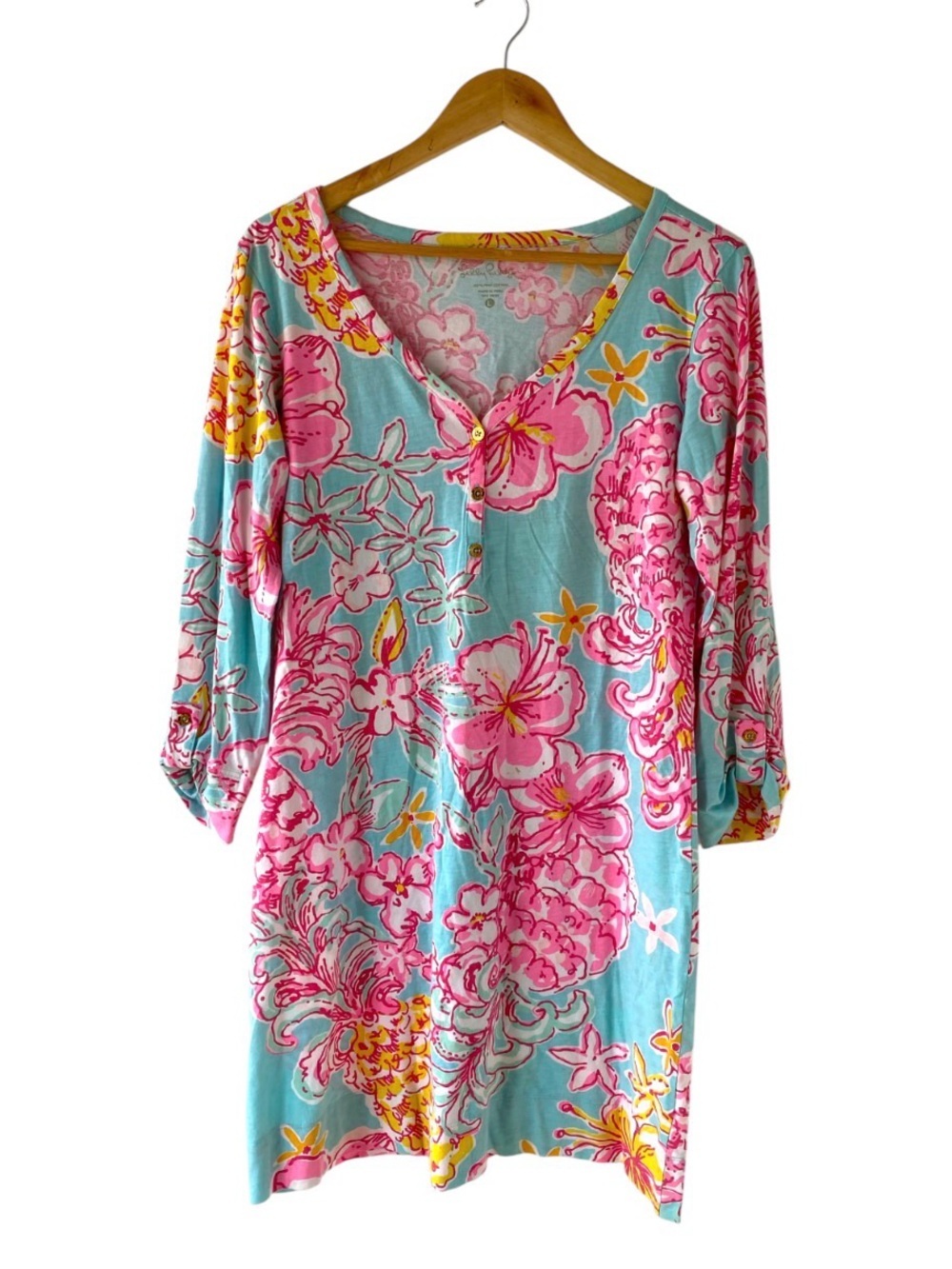 Lilly Pulitzer Pima cotton Aqua Floral V-Neck Swim Coverup with Pink Accents